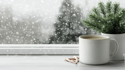 cozy snowy window scene with warm cup of coffee and greenery