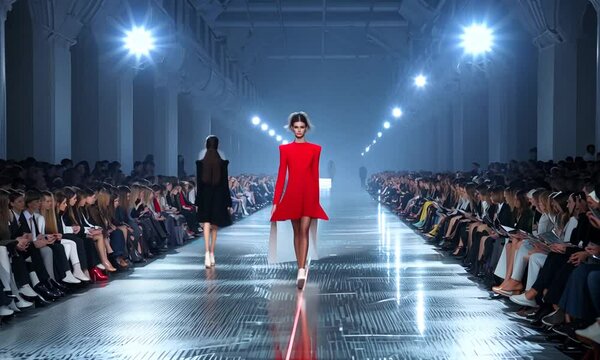 Fashion designers showcase their latest collection on the runway in a vibrant red dress under bright lights