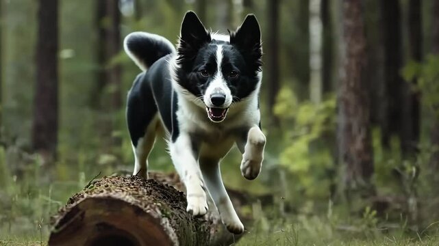 Energetic Border Collie Leaping Over Log in Forest