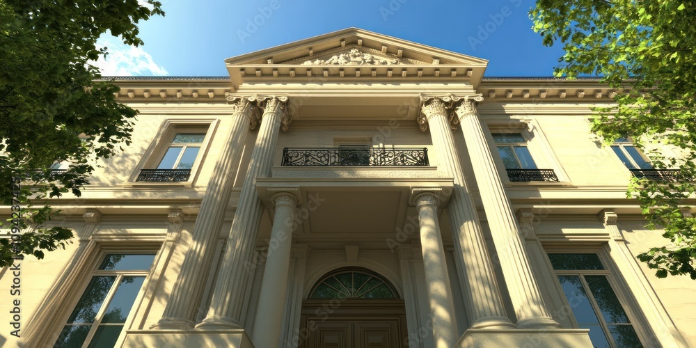 Poster a grand building with classical architecture and decorative columns under a clear blue sky.