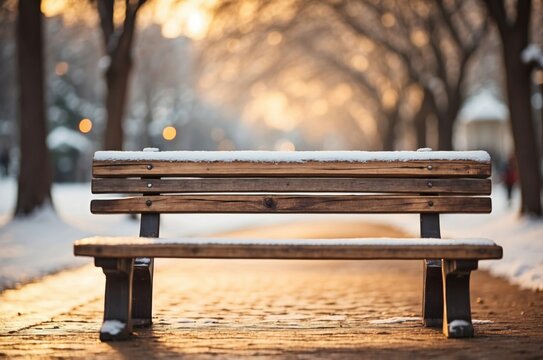 Snow-covered wooden bench in a park during sunset with warm light - Powered by Adobe