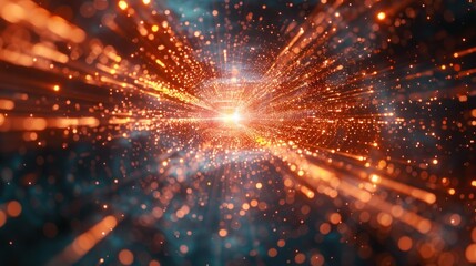 Obraz premium Glowing particles converge in tunnel.