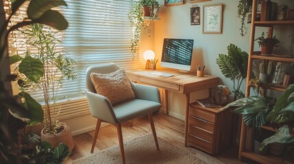 Fototapeta premium Home office in living room with modern interior design, comfort sofa, laptop computer, paper documents on work desk near armchair. Cozy apartment with decor, picture, bouquet in vase and houseplants