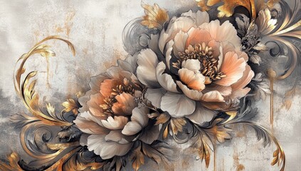 Large Vintage Peonies with Golden Vines on Textured Background for Elegant Interior Design