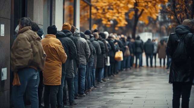A queue of desperate people waiting at a food bank, Reflecting food insecurity in affluent societies, photography style