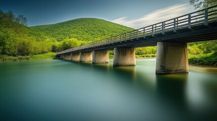 Fototapeta premium A serene bridge over a calm river, surrounded by lush green hills.