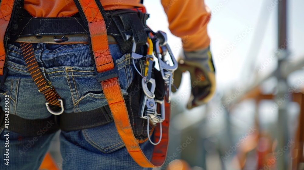 Poster a worker demonstrates the proper use of a safety harness as part of a fall protection drill ensuring
