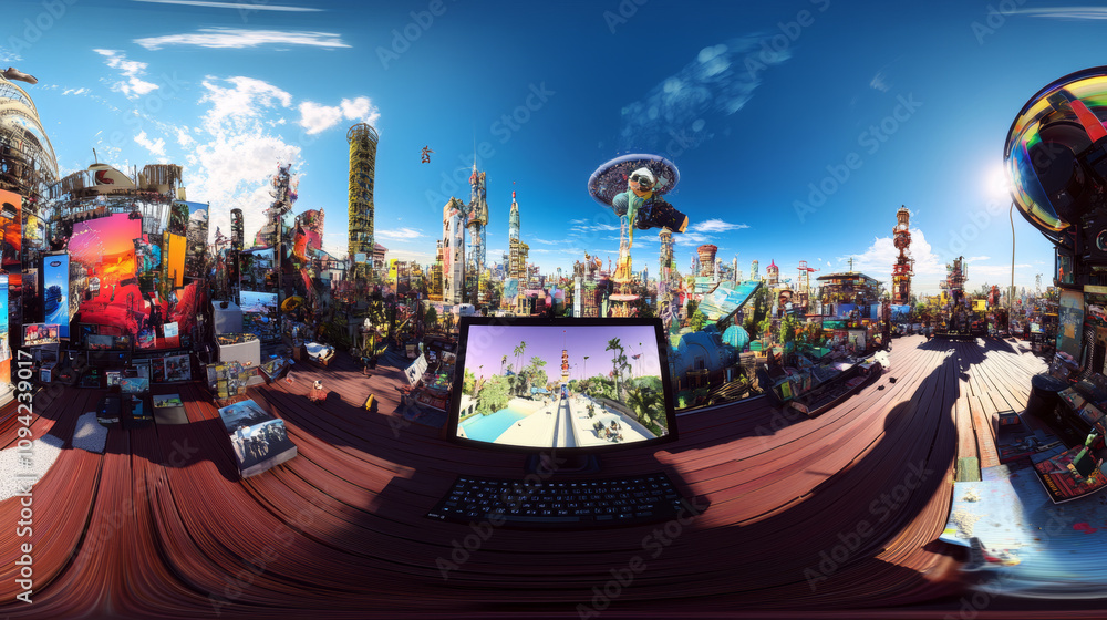 Poster 360 degree panorama view.a 3d image shows a computer screen displaying a panoramic, high-resolution 