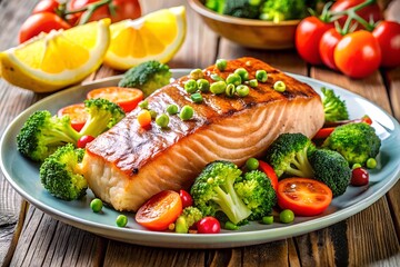 A delicious plate featuring grilled salmon fillet with vibrant broccoli and colorful vegetables, showcasing a healthy and appetizing meal