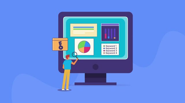 SEO keyword research, competitor analysis and ranking performance metrics concept, video animation.