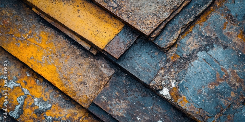 Poster close-up of weathered metal sheets with rust and color variations.