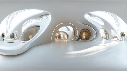 360 degree panorama view.A futuristic building's hallway is shown in a 3D image.  The view is a complete, circular panorama, showcasing a modern, abstract white design.