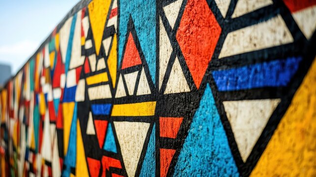 Dynamic geometric patterns in a Ndebele wall mural create a vivid, artistic expression of culture