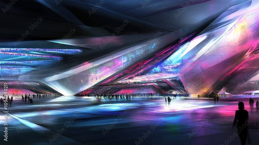 Poster a futuristic architectural design showcasing vibrant colors and dynamic shapes in a large space.