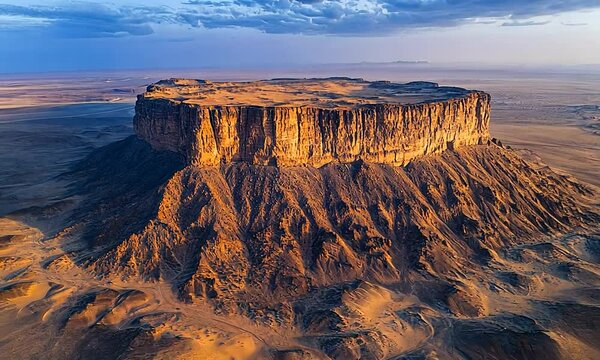Aerial view of a majestic mesa surrounded by desert landscape.