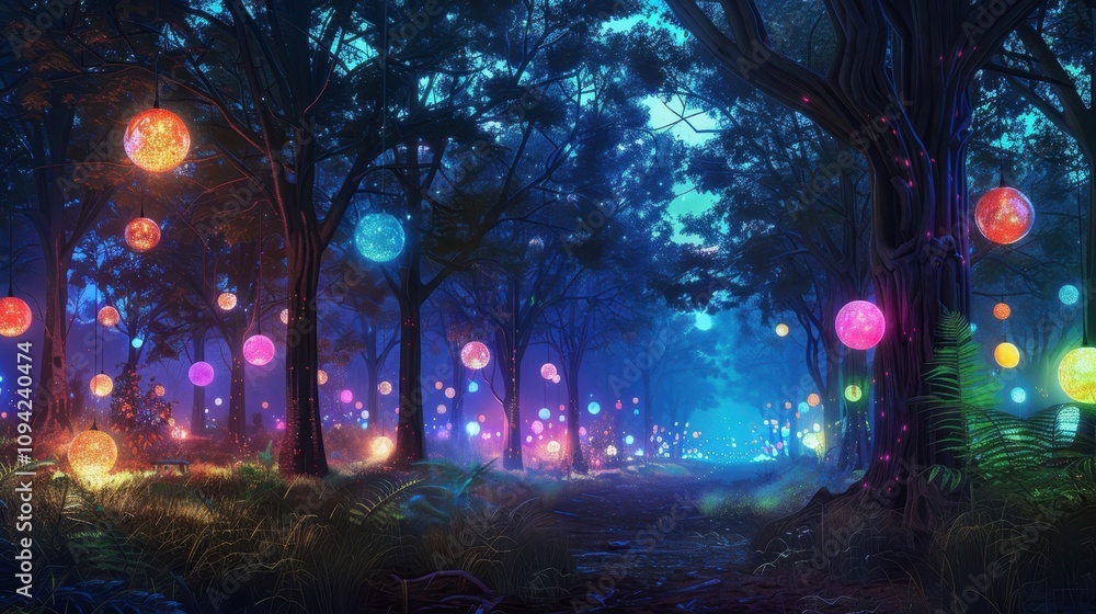 Poster the trees in the electric forest are adorned with colorful glowing orbs that constantly change color