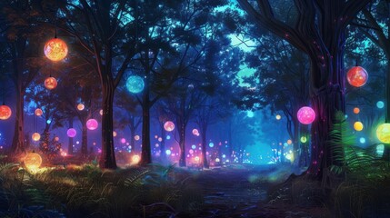 Obraz premium The trees in the Electric Forest are adorned with colorful glowing orbs that constantly change color and emit a soft humming sound.