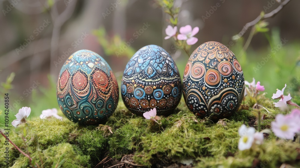 Poster decorative easter eggs with intricate patterns and colors on a mossy ground surrounded by delicate f