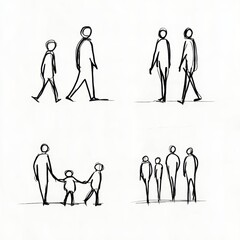 Minimalist Black Line Drawing of Human Figures, Outline Silhouettes, Stick-Figure Style, Grid Layout Illustration