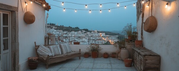 Cozy terrace with string lights overlooking a scenic town at dusk.