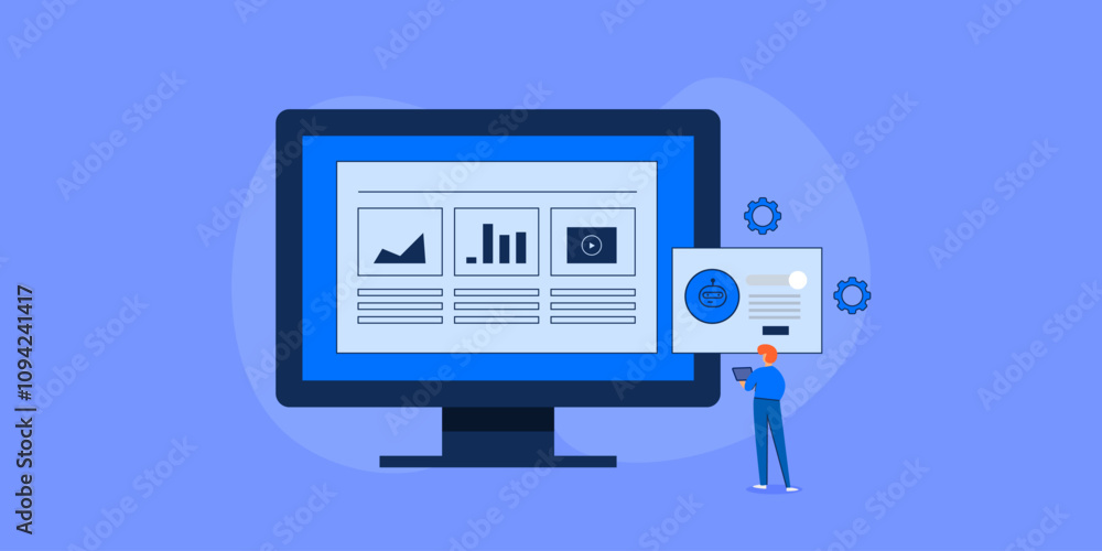Poster businessman managing website with the help of artificial intelligence virtual assistant.