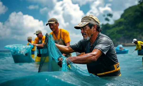 Fishermen working together to catch fish using a net in the water.