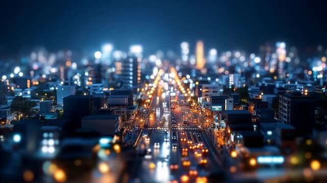 Aerial view of illuminated city avenue with tilt-shift effect creating miniature appearance. Golden traffic streams flow between towering skyscrapers. 