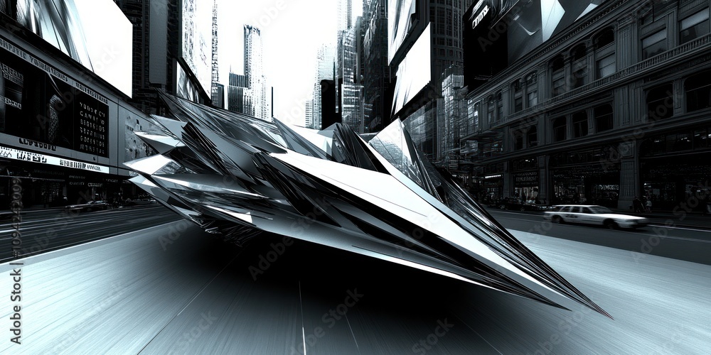 Poster a futuristic, angular structure in an urban setting, blending technology and design.