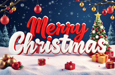 Merry Christmas greetings with Christmas balls, winter scene holiday