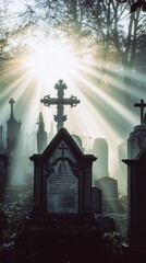 Fototapeta premium A misty graveyard scene with sun rays filtering through trees, highlighting tombstones and crosses.