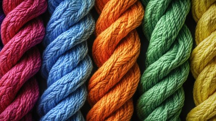 A rainbow of different colored threads intertwining to form a strong rope, Symbolizing strength through diversity, minimalist composition