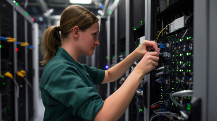 In a modern server room, a female engineer focuses on installing server equipment, showcasing her technical skills in a pristine environment with professional lighting enhancing the detail