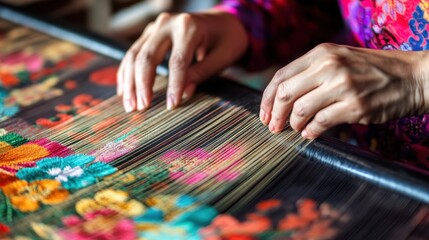 Close-up shows skilled hands weaving colorful silk brocade with fine artistic patterns