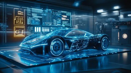 A futuristic blue car hologram is shown on a screen, surrounded by digital information like charts and graphs.  It represents advanced car technology.