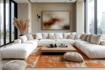 Minimalist Living Room Design with White Sofa and Beige Cushions