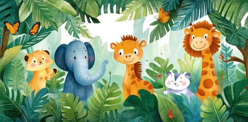 Colorful Cartoon Jungle Scene with Playful Animals Fun Tree Animals Drawing for Children