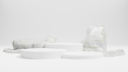 Abstract Background. White podium and rock for premium products display, nature advertising cosmetic concept on white background. 3d rendering