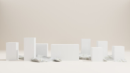 White geometric shapes podium and rock for premium products display, nature advertising cosmetic concept on white background. 3d rendering