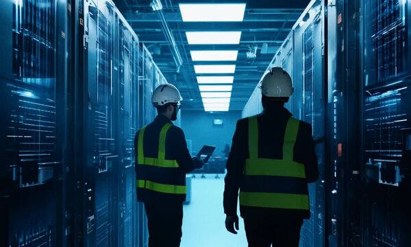Engineers perform critical maintenance in a high-tech data center at night