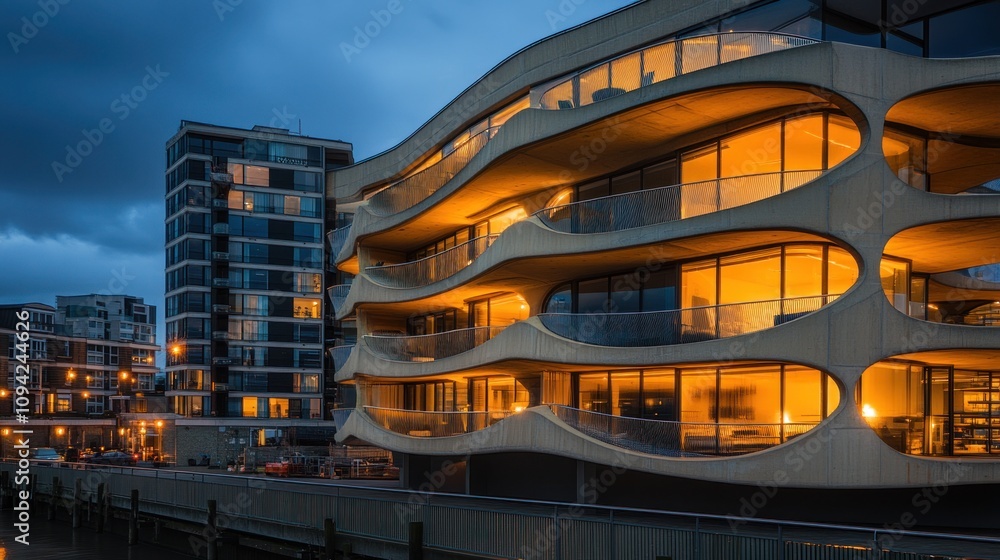 Poster modern architecture with illuminated windows against a twilight backdrop.