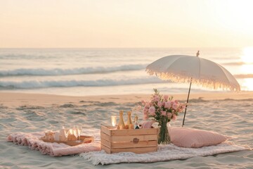 A beach picnic setup with pastel-colored blankets, vintage background