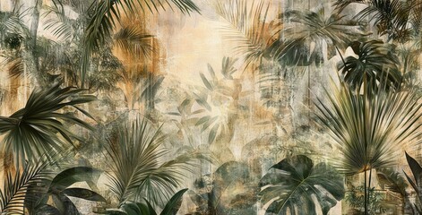 Naklejka premium Vintage Tropical Leaves and Palm Fronds Wallpaper with Texture Background