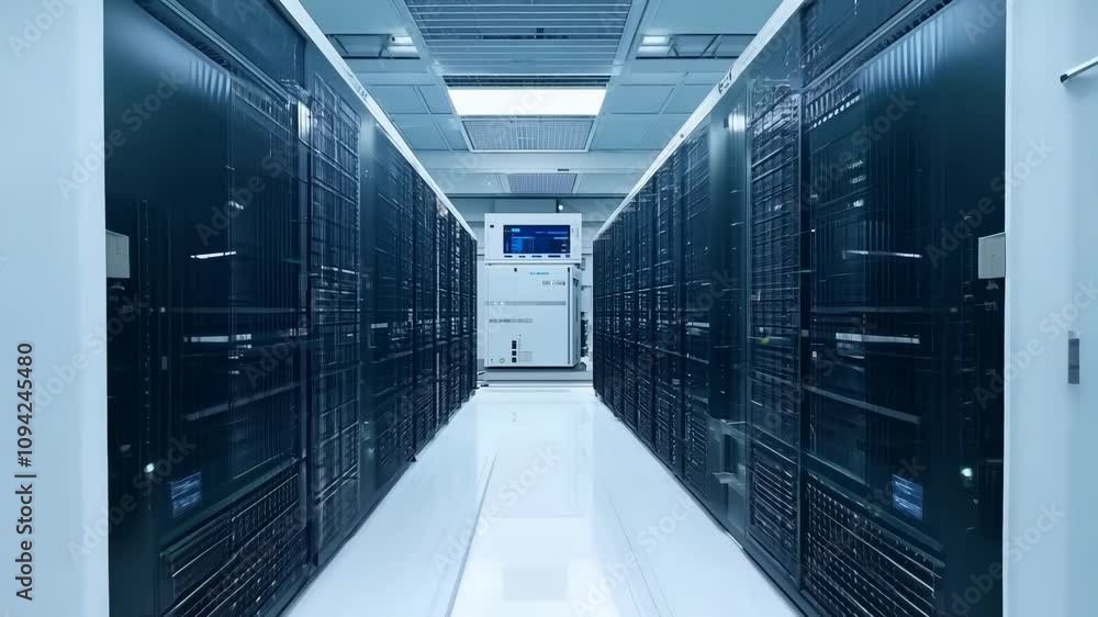 Poster exploring a modern data center filled with cutting-edge servers and advanced technology systems