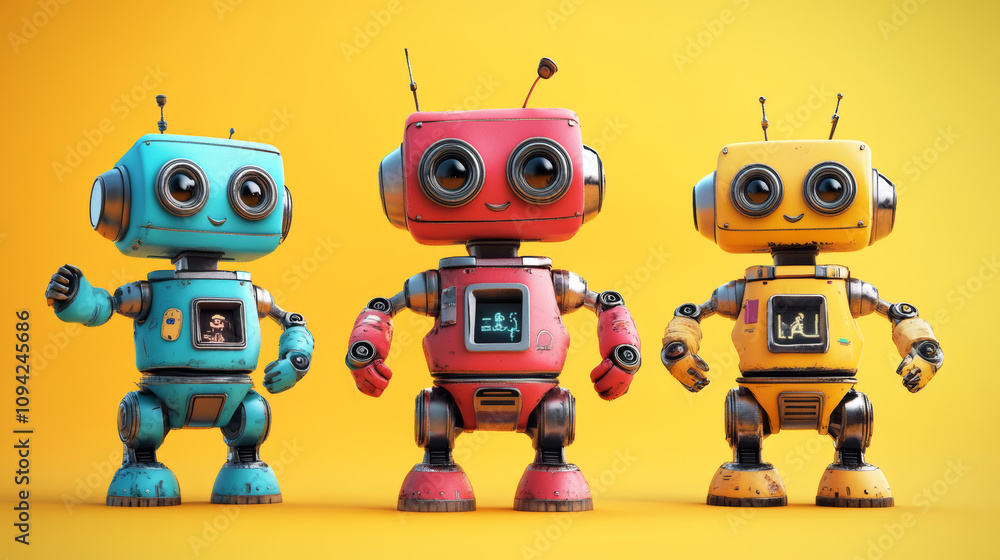 Aufkleber friendly cartoon robots in 3d, each looking different and happy. colorful backgrounds give them a fu
