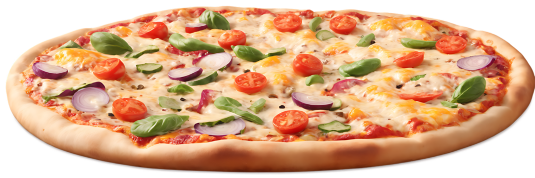 A fresh, delicious pizza with a perfectly baked crust, topped with melted cheese, vibrant vegetables, and savory toppings, all set on a transparent background.