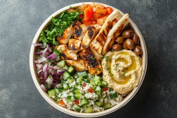 Delicious grilled chicken bowl. Perfect for healthy eating and showcasing Mediterranean cuisine.