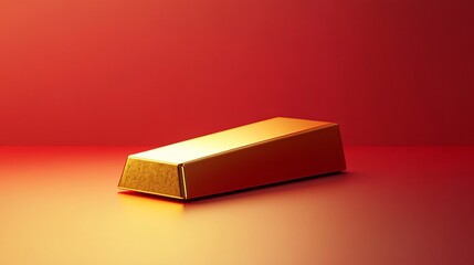 Glowing Golden Ingot: Symmetrically Detailed 3D Render on Red and Gold Gradient Background