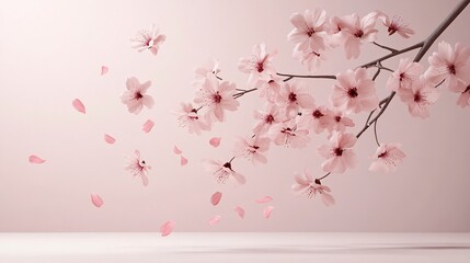 Fototapeta premium Blossoming Cherry Blossom Branch in 3D Render on Neutral Background with Falling Petals