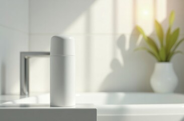 Mockup White deodorant stick stands on the edge of a bathtub, background with plant and sunlight. Concept: advertising beauty photo, skin care product, eco cosmetic product, sweat protection