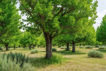Fototapeta premium Lush Green Trees Surrounded by Vibrant Grass and Shrubs in a Scenic Grove
